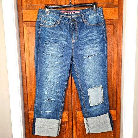 Standards & Practices Distressed Patchwork Straight Leg Jeans Size 14 - Picture 2 of 14
